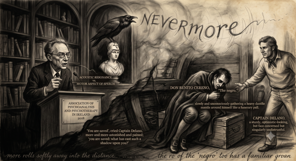 Monochromatic sketch collage of psychoanalytic and literary themes.
