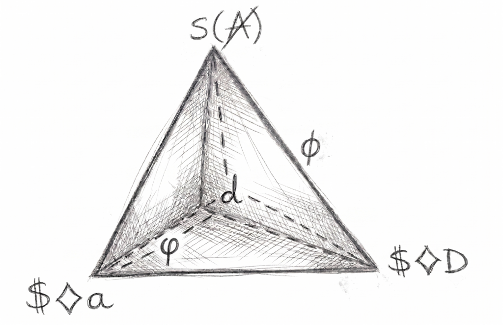 Hand-drawn sketch of a tetrahedron with mathematical symbols and cross-hatching.